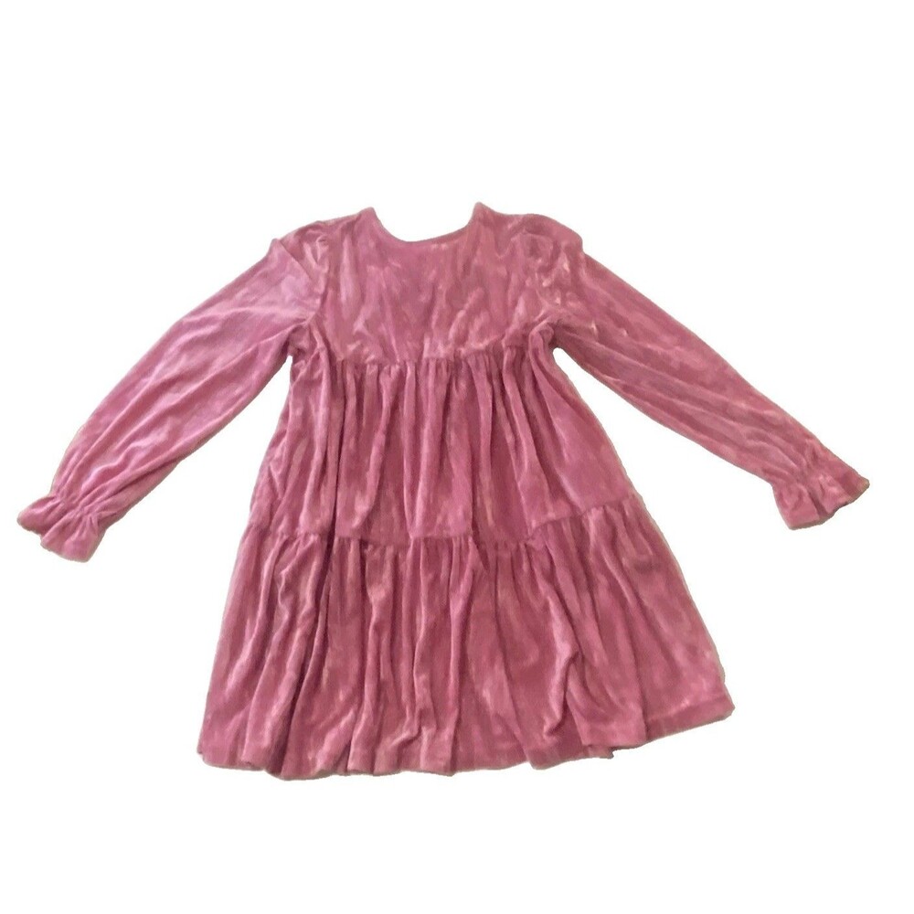 Pink Velvet Tiered Mini Dress Women M Long Sleeve White Bow Coquette Baby doll